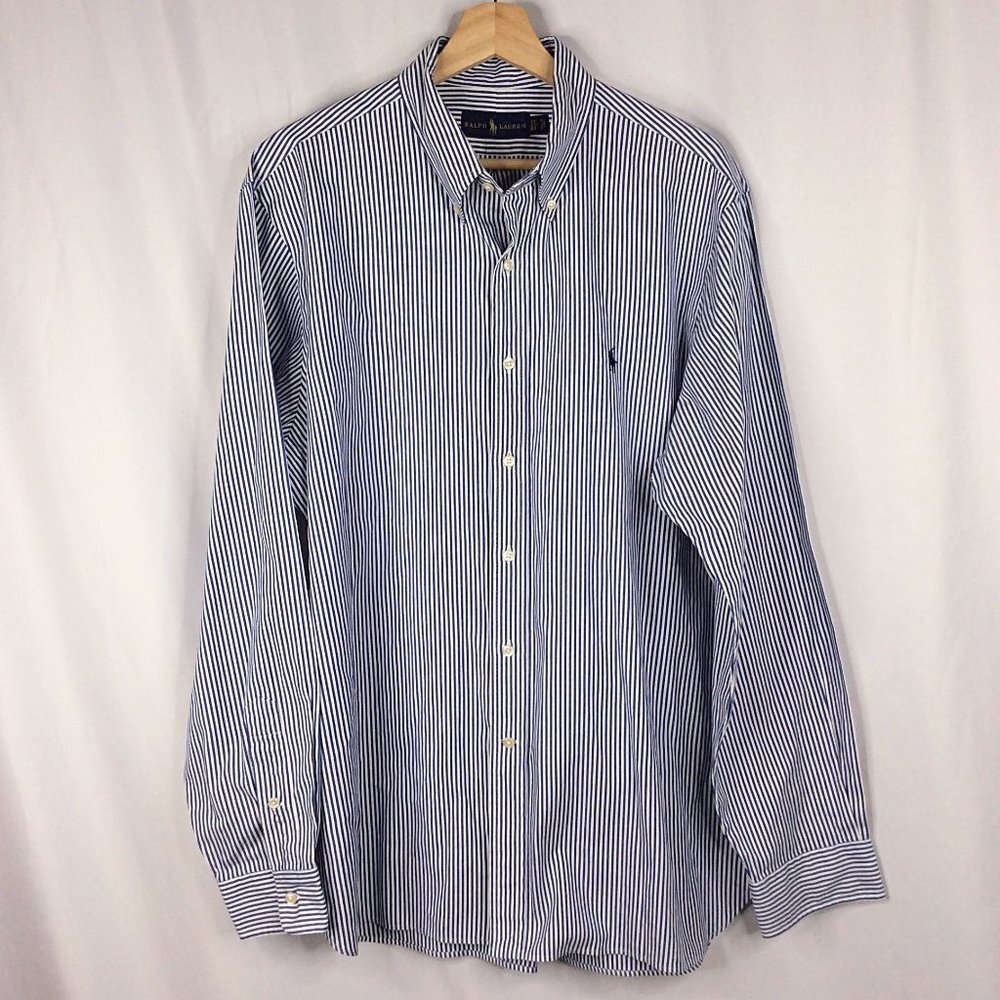 Ralph Lauren Shirt Mens Size 17 / 43 Blue Striped Long Sleeve Button Down Cotton